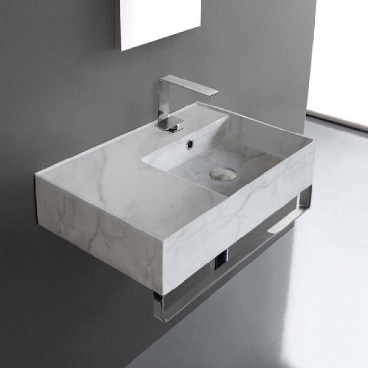 Scarabeo 5117-F-TB Marble Design Ceramic Wall Mounted Sink With Counter Space, Towel Bar Included